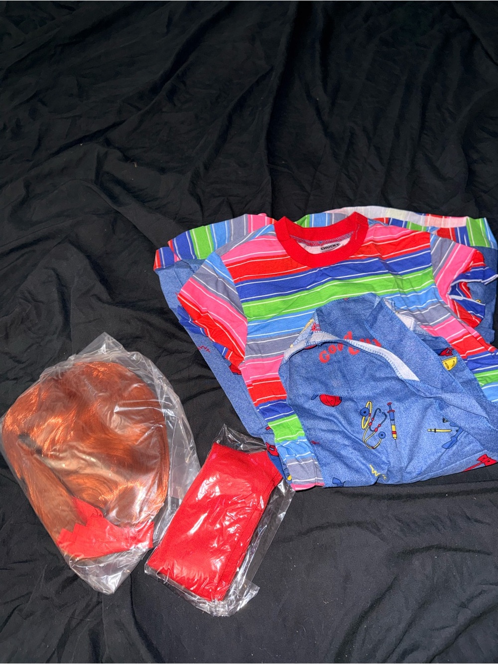Chucky Jumper Dress Costume with Red Socks and Wig size large kids - Picture 5 of 5